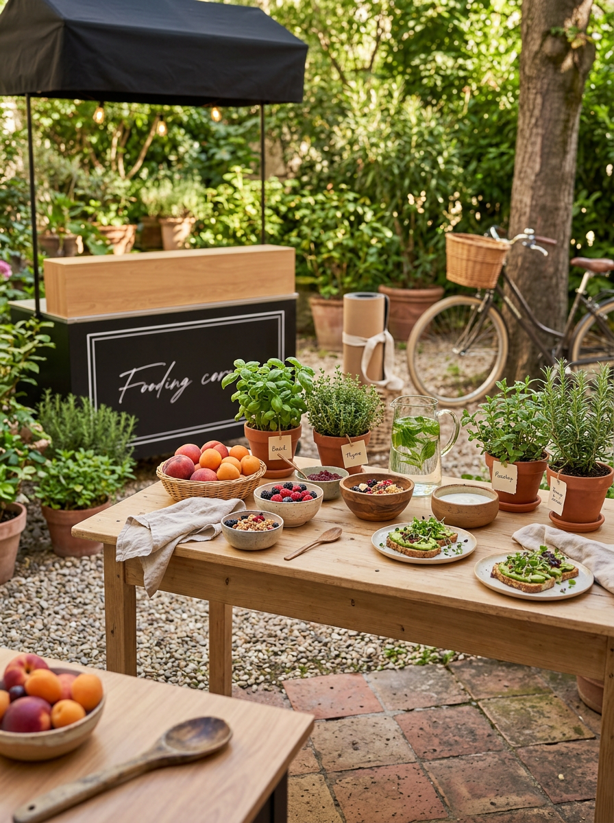 Stand de produits frais installé dans un jardin