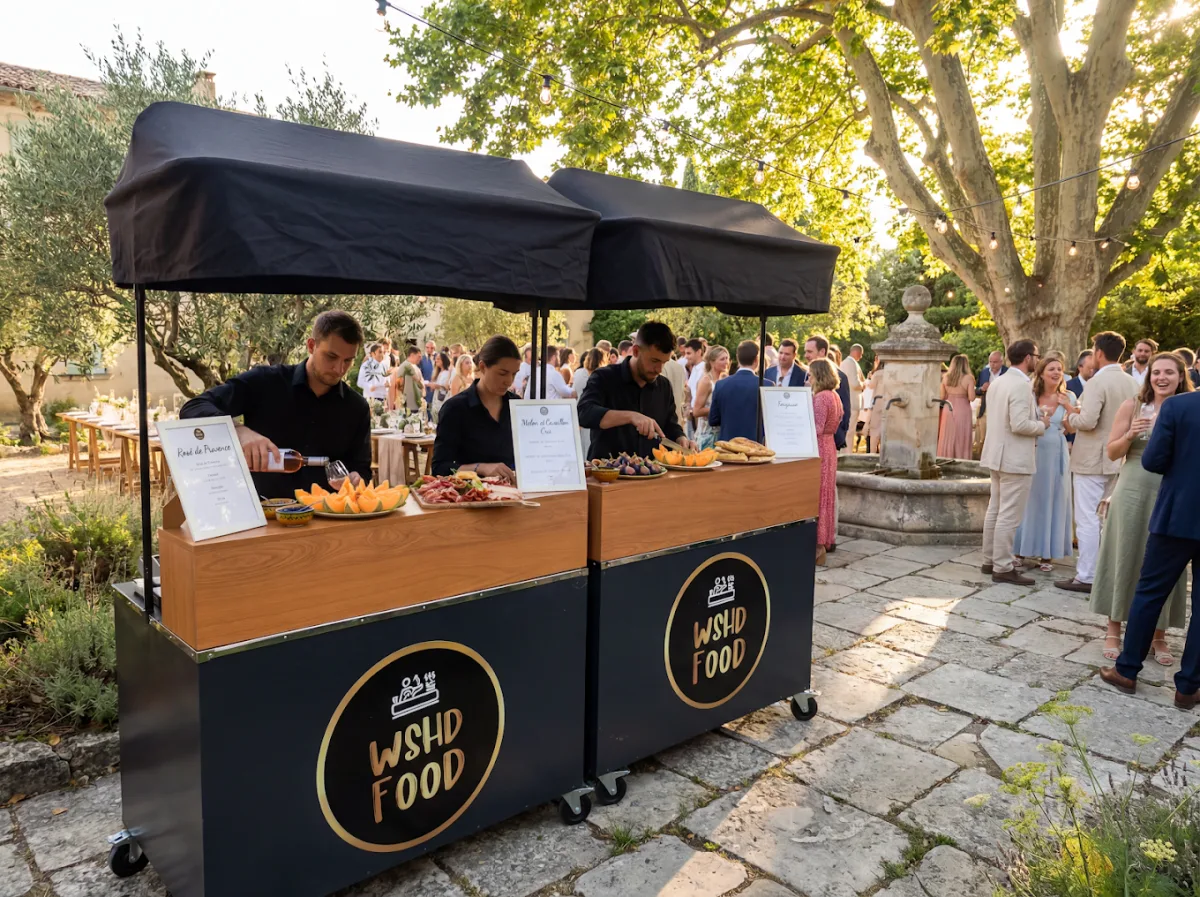 Deux stands WSHD Food dans un jardin, équipe en service devant les invités, guirlande lumineuse