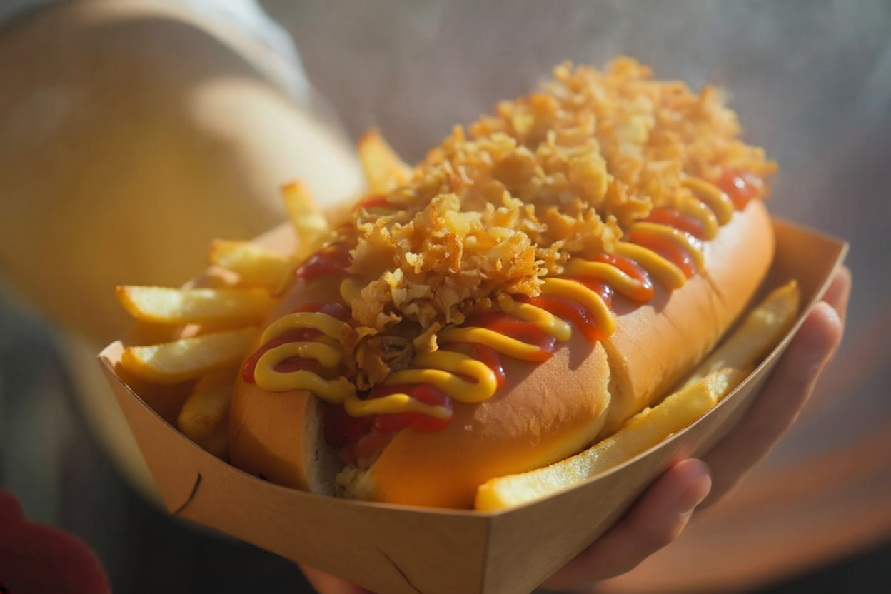 Hot-dog garni de frites servi dans une barquette en carton