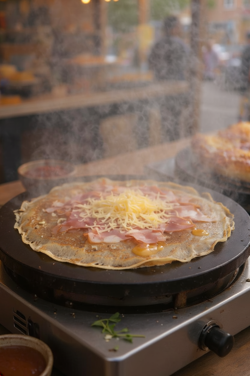 Galette de sarrasin en cuisson sur une crêpière professionnelle