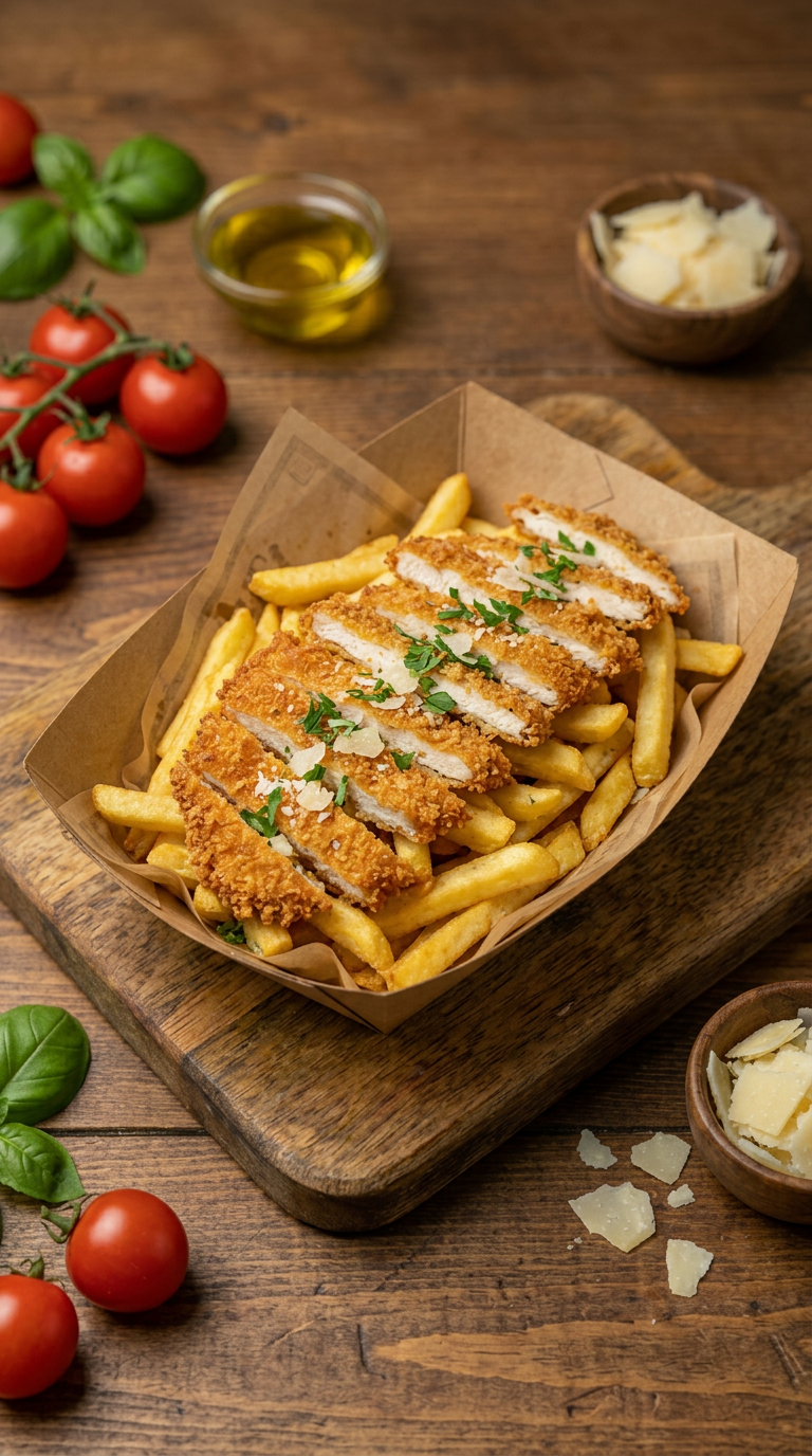 Poulet crispy et frites servis en barquette
