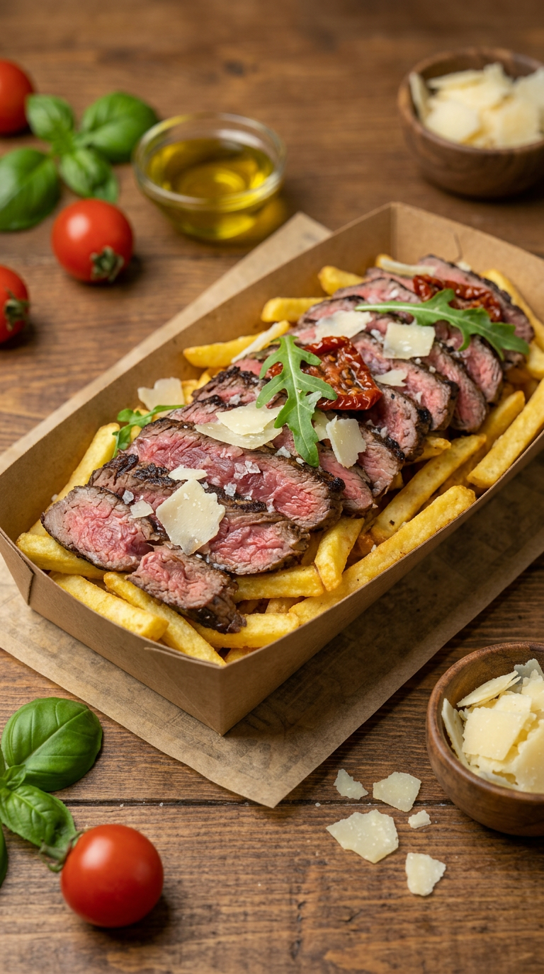 Portion de frites et viande tranchée servie chaude