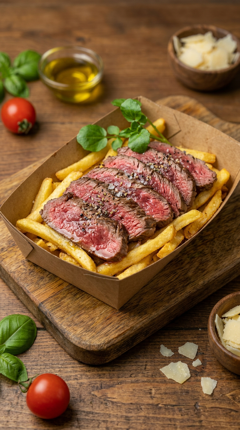 Bavette de bœuf tranchée avec frites en barquette