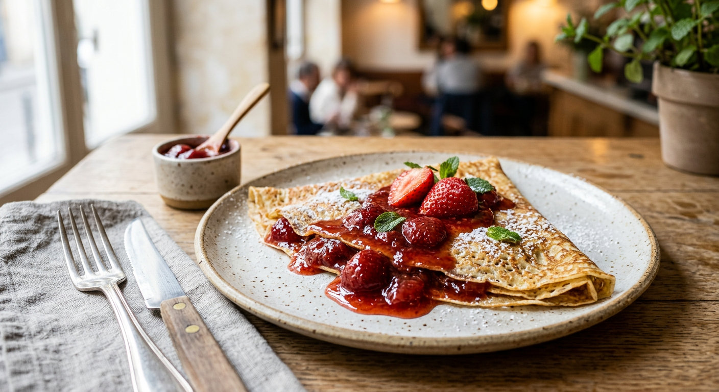 Crêpe garnie de confiture de fraise, pliée et servie