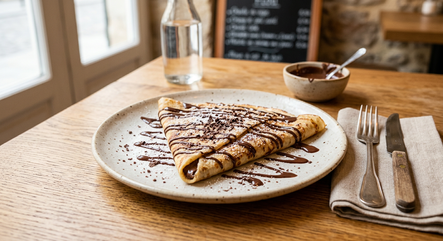 Crêpe au chocolat servie sur une assiette