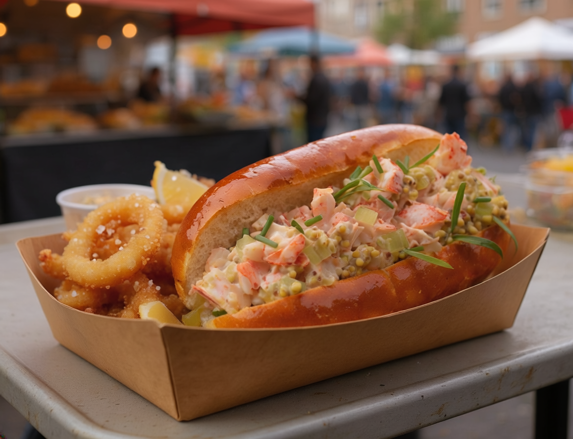 Lobster roll servi avec des calamars frits dans une barquette en carton