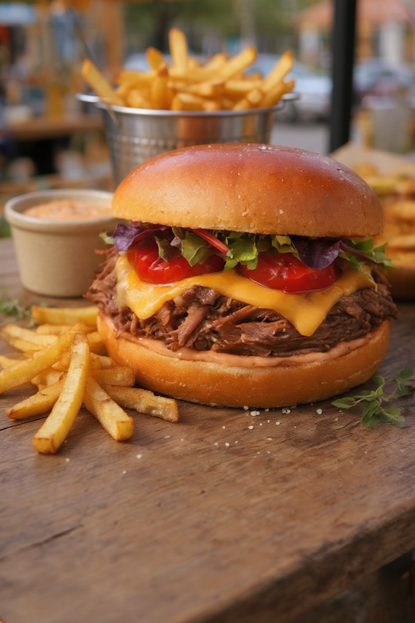 Burger à l’effiloché de bœuf servi avec des frites