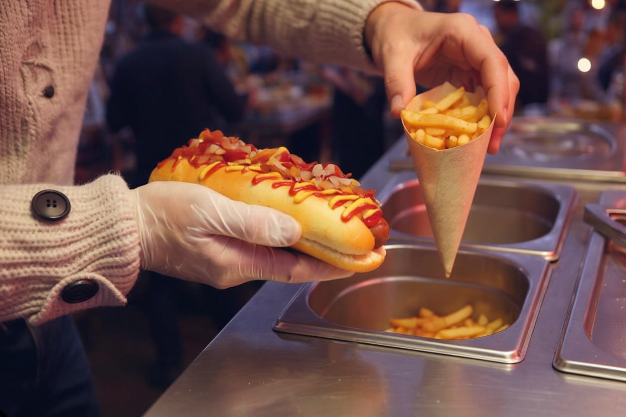 Hot-dog new-yorkais accompagné de frites en cornet