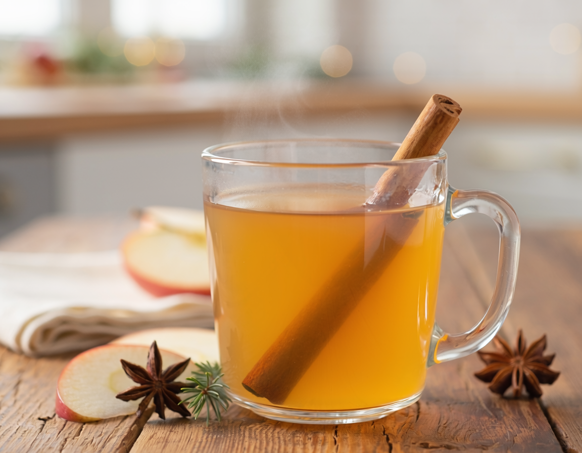 Pomme-cannelle chaud servi dans une ambiance de Noël