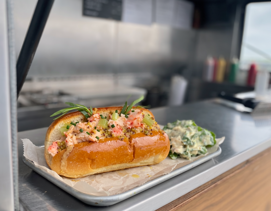 Lobster roll dans un pain brioché doré, garni de homard, céleri et herbes