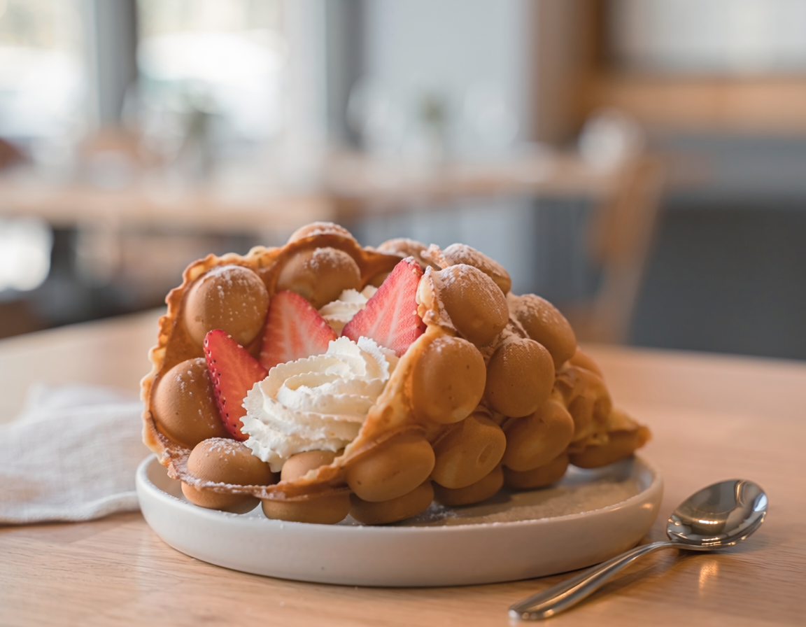 Bubble waffle en cornet garnie de fraises et de chantilly