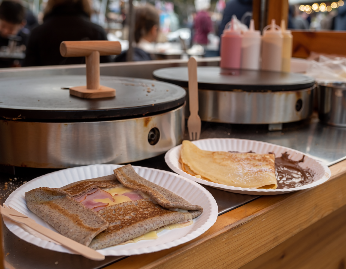 Galette de sarrasin au jambon-emmental et crêpe sucrée