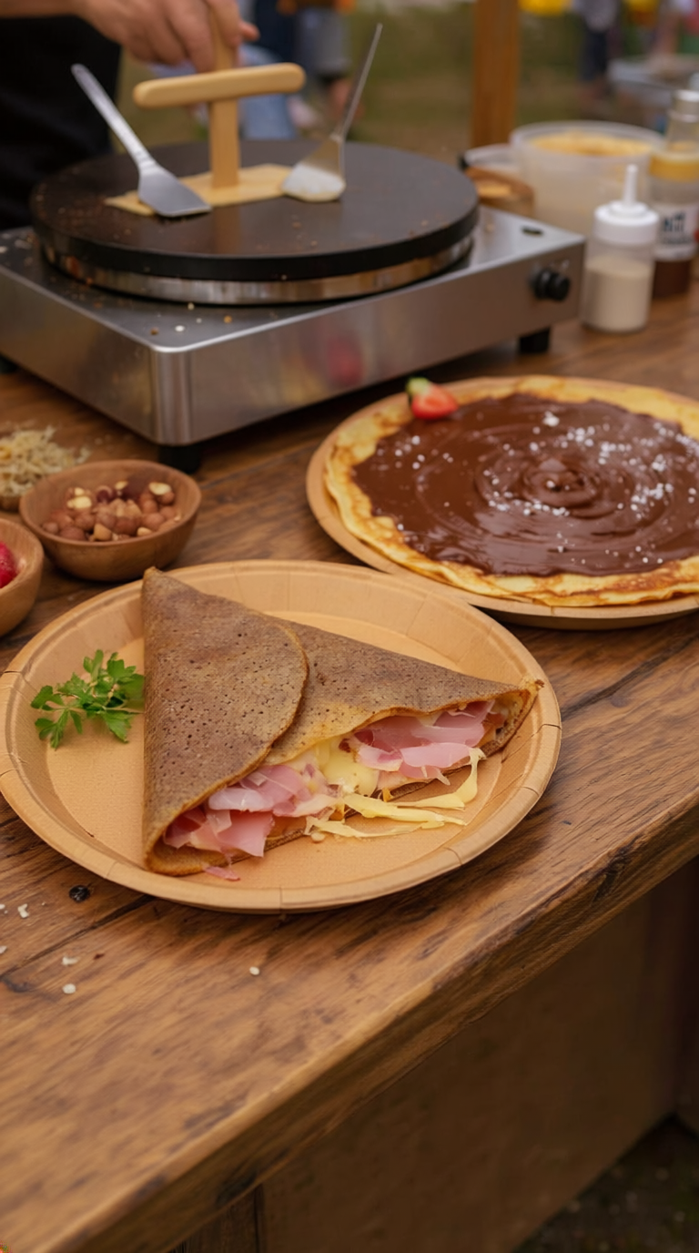 Galette de sarrasin et crêpe sucrée servies à un événement