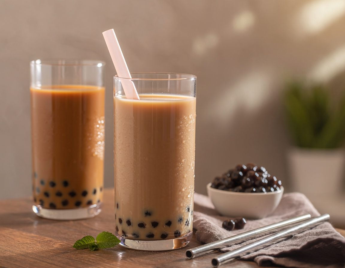 Grands verres de bubble tea colorés avec billes de fruits