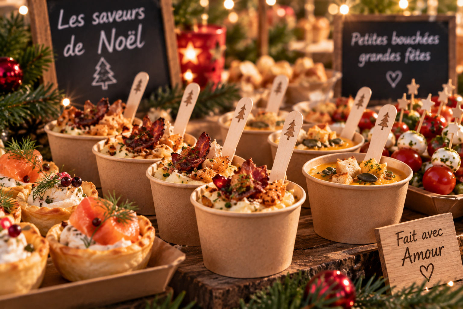 Ambiance gourmande de Noël avec boissons chaudes et décorations