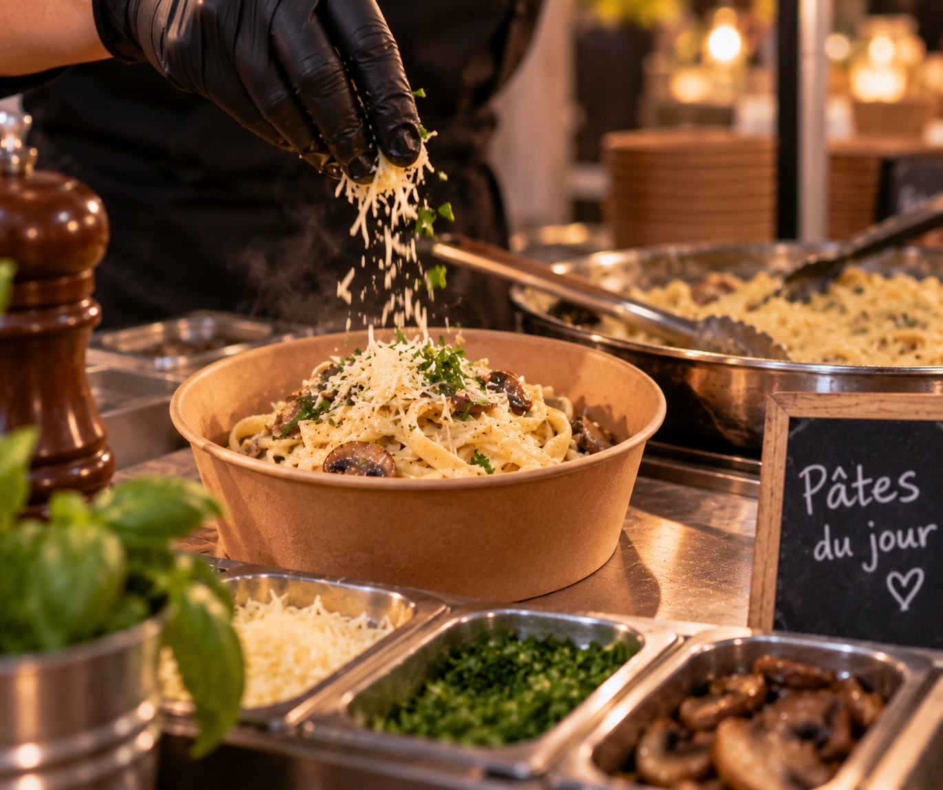 Assiette de pâtes fraîches servie lors d’un événement