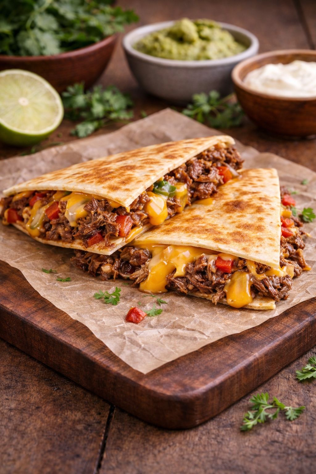 Quesadillas au bœuf dorées et découpées en parts