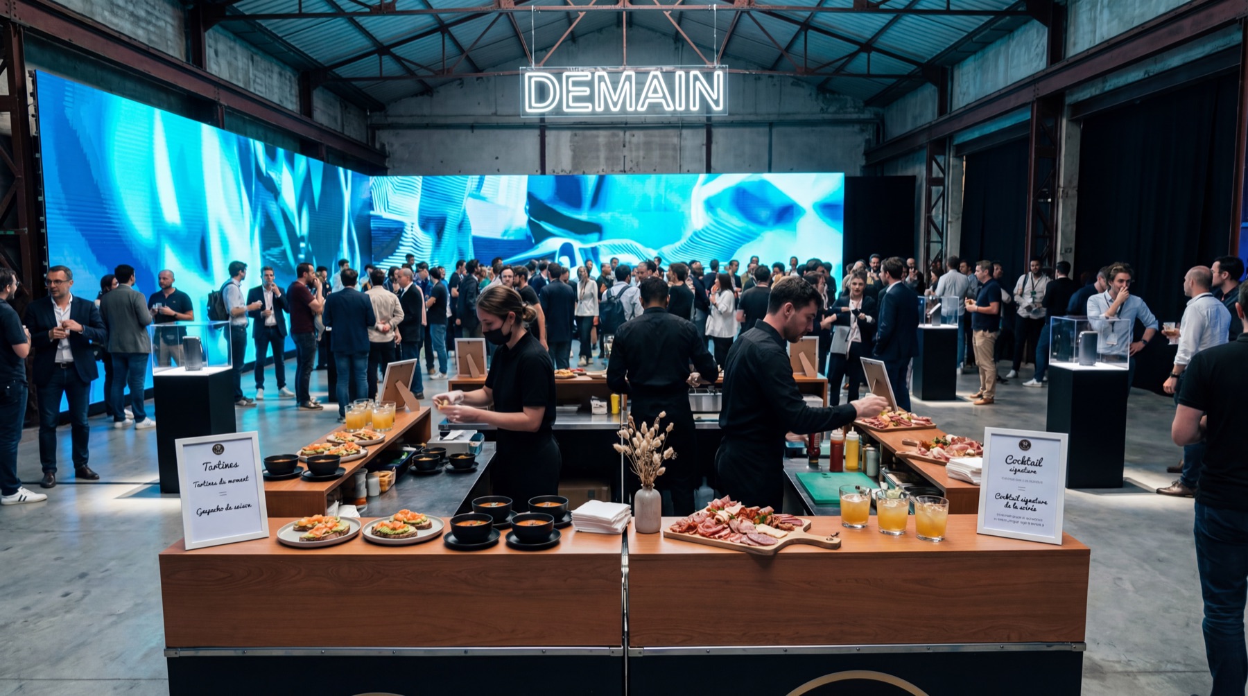 Grande réception avec stands culinaires dans un espace événementiel