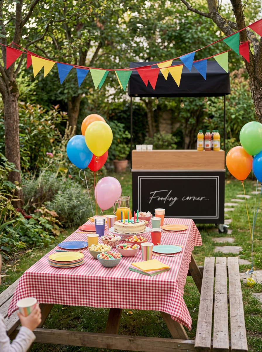Table de fête colorée avec ballons et guirlandes