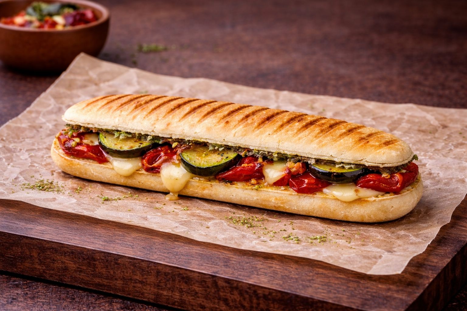 Paninis grillés coupés, garniture fondante visible